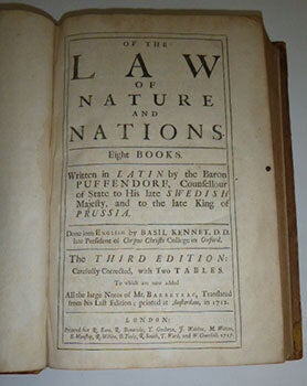 Item #51-5883 Of the law of nature and nations. Eight Books. Written in Latin by the Baron...