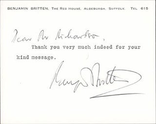 Item #51-6075 Autograph thank you card from Benjamin Britten to Norman Richardson. Edward...