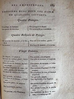 Manuel des amphitrions; contenant un Traité de la Dissection des viandes à table, la Nomenclature des Menus les plus nouveaux pour chaque saison, et des Elémens de Politesse gourmande. First edition.