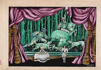 Couple in Renaissance fancy dress on a stage with hunters cornering a ...