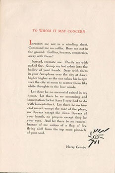 Item #51-6508 To Whom It May Concern. First edition of the broadside. Harry Crosby