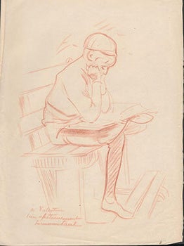 Item #51-6725 Portrait of a school boy (écolier) reading . Original crayon. Paul Éluard,...