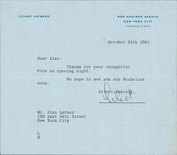 Letter from the producer Leland Hayward to the lyricist and