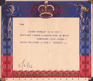 Item #51-6948 Lynton Lamb designed telegram with greeting to the Begum Raʻana Liaquat Ali Khan,...