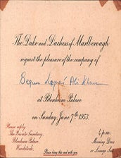 Item #51-6956 Duke and Duchess of Marlborough request the pleasure of the company of Begum Liaquat Ali Khan at Blenheim Palace on June 7th 1953. Original autograph document. Duke and Duchess of Marlborough, Queen Elizabeth II, provenance Begum Raʻana Liaquat Ali Khan, Duke, Duchess of Marlborough, Coronation.