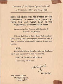 Item #51-6959 The Coronation of Her Majesty Queen Elizabeth II. Dress for those who are invited...