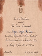 Item #51-6976 The Coronation of Her Majesty Queen Elizabeth II. Invitation to a Reception of...
