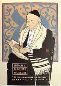 Item #52-0133 Judah L. Magnes Museum [poster].[Man in tales {prayer shawl} and yarmulke {skull cap} reading a book]. David Lance Goines.