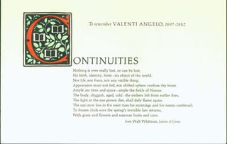 Item #55-0254 Continuities. To Remember Valenti Angelo, 1897-1982. James Linden, the Book Club of...