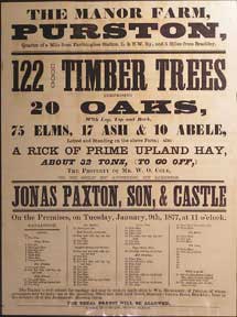Item #55-0600 122 Good Timber Trees, comprising 20 Oaks, 75 Elms, 17 Ash & 10 Abele. The Manor Farm, Purston [original auction poster]. Jonas Paxton, George Son and Castle, Son, George Castle.