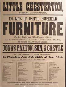 Item #55-0602 100 Lots of Useful Household Furniture. Little Chesterton, near Bicester [original auction poster]. Jonas Paxton, George Son and Castle, Son, George Castle.