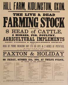 Paxton, Jonas and Holiday - The Live and Dead Farming Stock Comprising Cattle, Horses, Pig, Poultry, Agricultural Implements. Hill Farm, Kidlington, Oxon [Original Auction Poster]