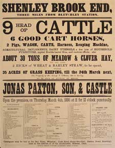 Item #55-0622 9 Head of Cattle, 6 Good Cart Horses, Pigs, Wagon, Carts, Reaping Machine, capital Double-barrel Gun, and various effects. Shenley Brook End, near Bletchley Station [original auction poster]. Jonas Paxton, George Castle.