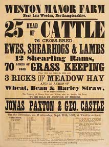 Item #55-0632 25 Head of Cattle, Ewes, Shearhogs & Lambs, 12 Shearling Rams, 70 Acres of Good Grass Keeping. Weston Manor Farm near Lois Weedon, Northamptonshire [original auction poster]. Jonas Paxton, George Castle.