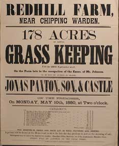 Item #55-0644 178 Acres of Capital Grass Keeping. Redhill Farm, near Chipping Warden [original auction poster]. Jonas Paxton, George Son and Castle, Son, George Castle.
