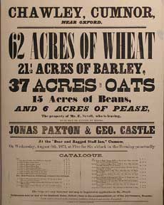 Item #55-0658 Acres of Wheat, Barley, Oats, Beans, Pease. Chawley, Cumnor, near Oxford [original auction poster]. Jonas Paxton, George Castle.