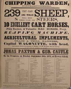 Paxton, Jonas and Castle, George - First-Class Long Wooled Sheep, Well-Bred Steers, Excellent Cart Horses, Filly Sucker. Chipping Warden, Northamtonshire [Original Auction Poster]