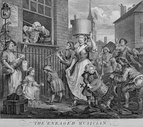 Item #55-0694 The Enraged Musician, a plate from The Works of William Hogarth from the Original Plates restored by James Heath, &c. William Hogarth.