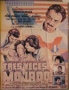 Item #55-2413 Tres Veces Mojado. Movie poster. (Cartel de la Pel&iacute;cula). Carmen Cardenal Direcci&oacute;n: Jos&eacute; Luis Urquieta. Con M&aacute;rio Almada, Los Tigres del Norte.