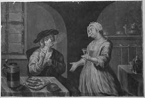 Item #56-0172 Man smoking a pipe and being served a drink. Dutch Old Master.