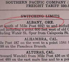 Item #56-0385 Freight Tariff list, ordered by Switching Limits. Southern Pacific Lines, Calif San...