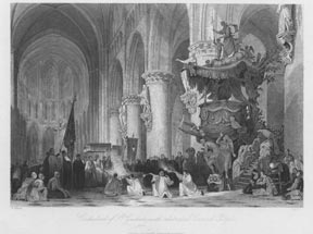 Item #59-0937 Interior with Pulpit of Cathedral of St. Gudule, Brussels. Capone after T. Allom