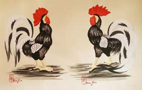 Item #59-1257 Two Red Plumed Cocks. Chan Lee
