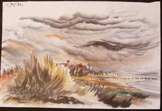 Item #59-1567 Turbulent Skies over a Coastal Village. Victor Wayne Bowker