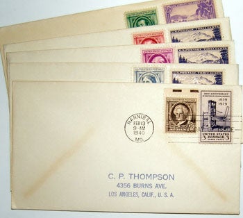 Item #59-3069 Famous American Series. (First Day Covers - Authors' Group) Washington Irving, James Fenimore Cooper, Ralph Waldo Emerson, Louisa May Alcott, Samuel L. Clemens (a.k.a. Mark Twain). United States Postal Service.