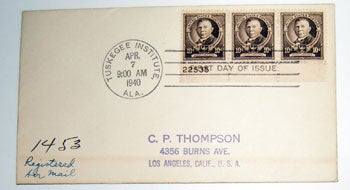 Item #59-3076 Famous American Series. (First Day Cover - strip of 3 with plate number). The Educators' Group. Booker T. Washington. United States Postal Service.