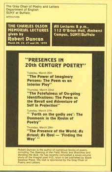 Item #59-4059 [Poster]: The Gray Chair of Poetry and Letters, Department of english, SUNY at Buffalo, announces the Charles Olson Memorial Lectures given by Robert Duncan. Robert Duncan.