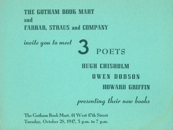 Item #59-4066 The Gotham Book Mart and Farrar, Straus and Company invite you to meet 3 poets. Hugh Chisholm, Howard Griffin, Owen Dodson.