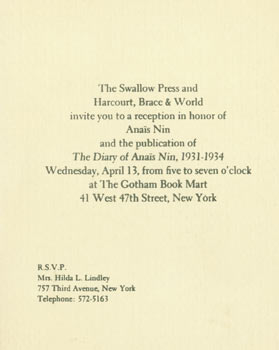 Item #59-4068 The Swallow Press and Harcourt, Brace & World invite you to a reception in honor of...