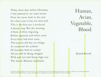 Item #59-4079 Human, Avian, Vegetable Blood. Kenneth Rexroth.