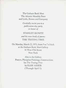 Item #59-4160 The Gotham Book Mart The Atlantic Monthly Press and Little, Brown and Company cordially invite you to a publication day party in honor of Stanley Kunitz and his new book of poems The Testing-Tree. Stanley Kunitz.