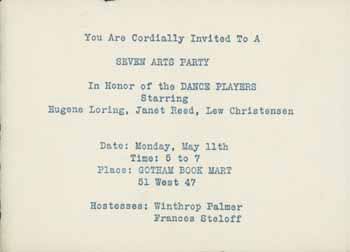 Item #59-4188 You are cordially invited to a Seven Arts Party in honor of The Dance Players starring Eugene Loring, Janet Reed, Lew Christensen, Lew Christensen, Janet Reed, Eugene Loring.