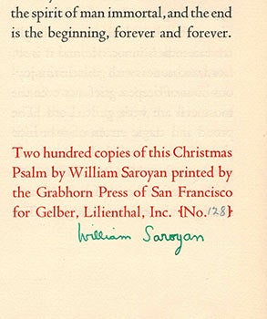 Item #59-4263 A Christmas Psalm, 1935. Signed. William Saroyan