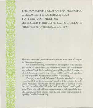 Item #63-0055 The Roxburghe Club of San Francisco Welcomes the Zamorano Club to Their Joint Meeting September Thirteenth and Fourteenth Nineteen Hundred and Eighty. Roxburghe Club of San Francisco, Zamorano Club of Los Angeles, Arion Press, Andrew Hoyem.