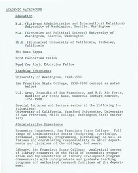 Item #63-0127 Statement Of Qualifications Relevant to the Office of President of Sonoma State...