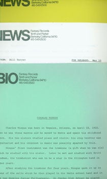 Item #63-0297 Charles Mingus: Press Releases for Fantasy & Prestige Records. Fantasy, Prestige Records, New York.