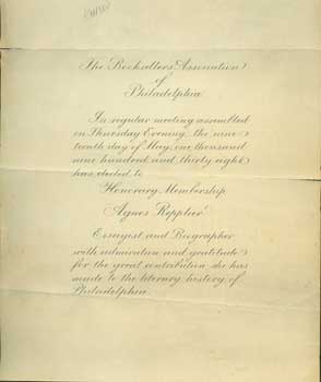 Item #63-0801 Certificate of Honorary Membership from the Booksellers Association of Philadelphia to Agnes Repplier. Booksellers Association of Philadelphia.