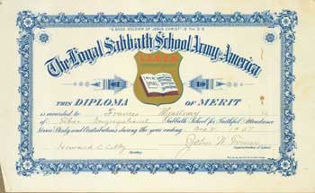 Loyal Sabbath School Army of America - The Loyal Sabbath School Army of America Diploma of Merit, Awarded to Frances Myaltway. For Faithful Attendance