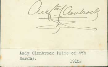 Item #63-0878 Signature of Augusta Caroline Crofton, Lady Clonbrook, pasted onto card with typed title. Lady Clonbrook Augusta Caroline Crofton, Luke Dillon wife of 4th Baron Clonbrock, an Irish peer.