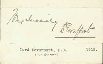 Hudson Kearley, Lord Devonport, P.C., 1st Baron & Viscount - Signature of Hudson Kearley, Lord Devonport, Pasted Onto Card with Typed Title