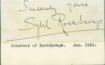 Item #63-0910 Signature of Sybil Sassoon, Marchioness of Cholmondeley, pasted onto card with typed title. Marchioness of Cholmondeley Sybil Sassoon, "Countess of RockSavage"