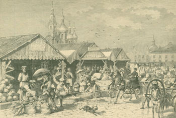 Item #63-1399 St. Petersburger Marktscene (St. Petersburg market scene). A. Baumann, R. Brendamour, after, engrav.