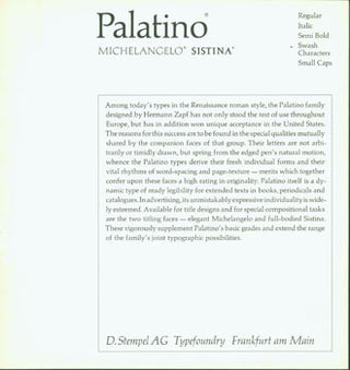 Item #63-1491 Palatino, Michelangelo, Sistina. D. Stempel AG Typefoundry, Germany Frankfurt am Main