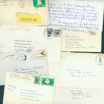 Item #63-1548 Seventeen Letters & Post Cards to Illuminations Press & its Editor Norman Moser, 1965-78. CA San Francisco, NM Sante Fe, CA Berkeley, Norman Moser, Illuminations Press.