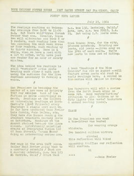 Item #63-1560 Poets' News Letter. July 15, 1964. Norman Moser, Blue Unicorn Coffee House, CA San Francisco.