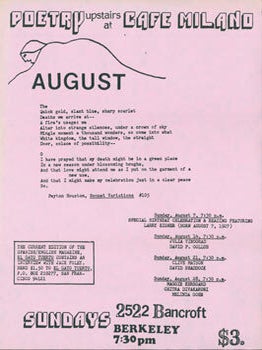 Item #63-1713 Poetry Upstairs At The Cafe Milano, August (1988). Cafe Milano, Peyton Houston, CA...